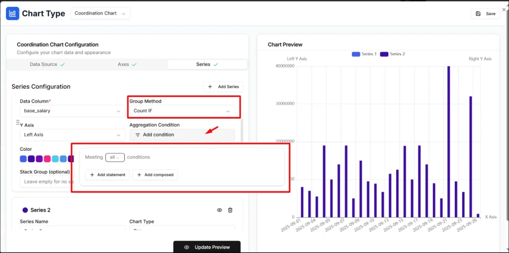 Nếu bạn chọn Sum If hoặc Count If, hệ thống sẽ hiển thị thêm phần Aggregation Condition để thiết lập điều kiện lọc dữ liệu.