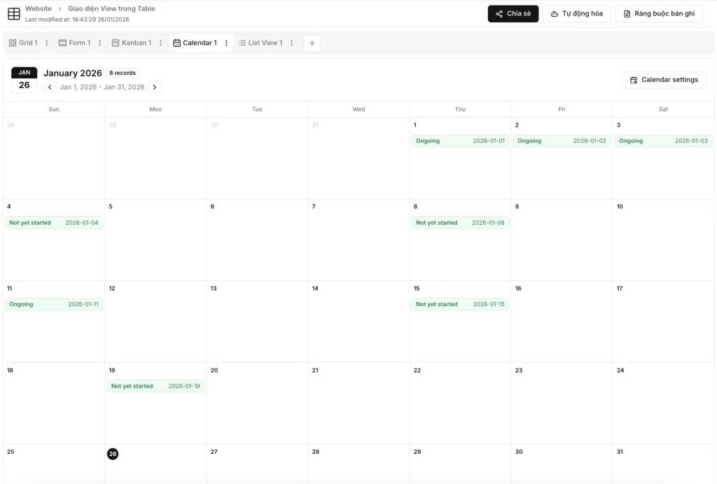 Chế độ xem Lịch tổ chức các bản ghi theo trường ngày trong định dạng lịch, vì vậy bạn có thể kiểm tra nhanh toàn bộ lịch trình hàng tháng của mình . 