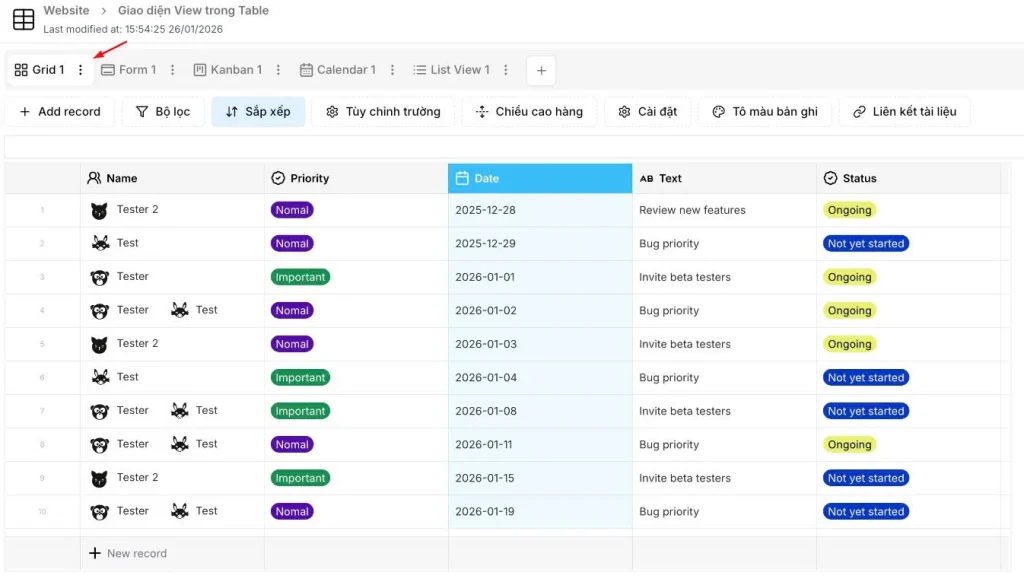 Danh sách công việc (Chế độ xem dạng lưới) 