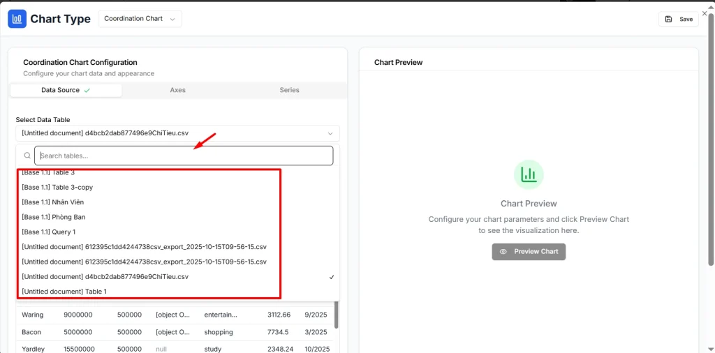  Ở mục Select Data Table, chọn bảng dữ liệu có sẵn trong hệ thống hoặc search theo tên table nếu danh sách bảng quá dài.