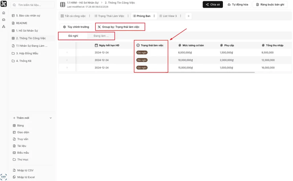 Group by theo trạng thái làm việc của nhân viên