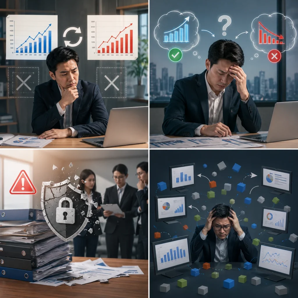 Hình ảnh minh họa những hậu quả nghiêm trọng khi ghi đè dữ liệu lịch sử, khiến doanh nghiệp mất khả năng phân tích, ra quyết định và kiểm soát tính nhất quán của dữ liệu.
