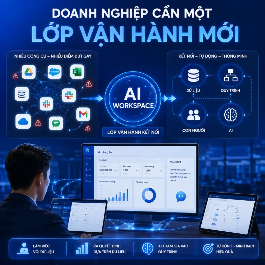 AI Workspace tạo lớp vận hành kết nối dữ liệu, quy trình, con người và AI để doanh nghiệp làm việc thông minh hơn.