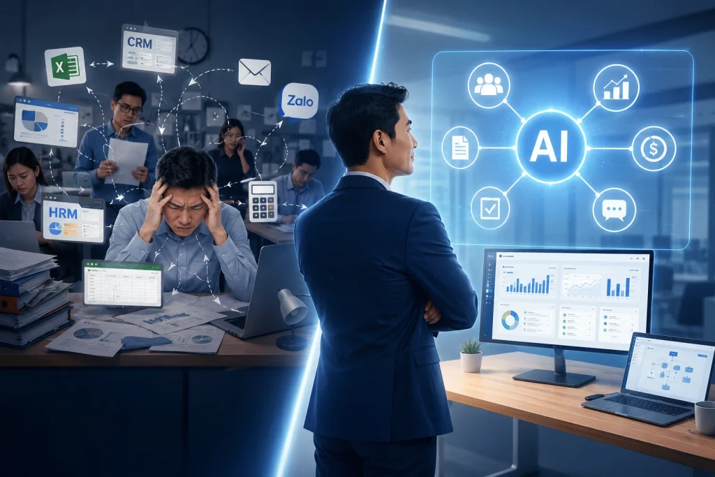Khi tìm hiểu AI WORKSPACE là gì, chủ doanh nghiệp không nên chỉ nhìn vào danh sách tính năng AI. Cần nhìn vào khả năng giải quyết chi phí vận hành và điểm nghẽn quản trị.
