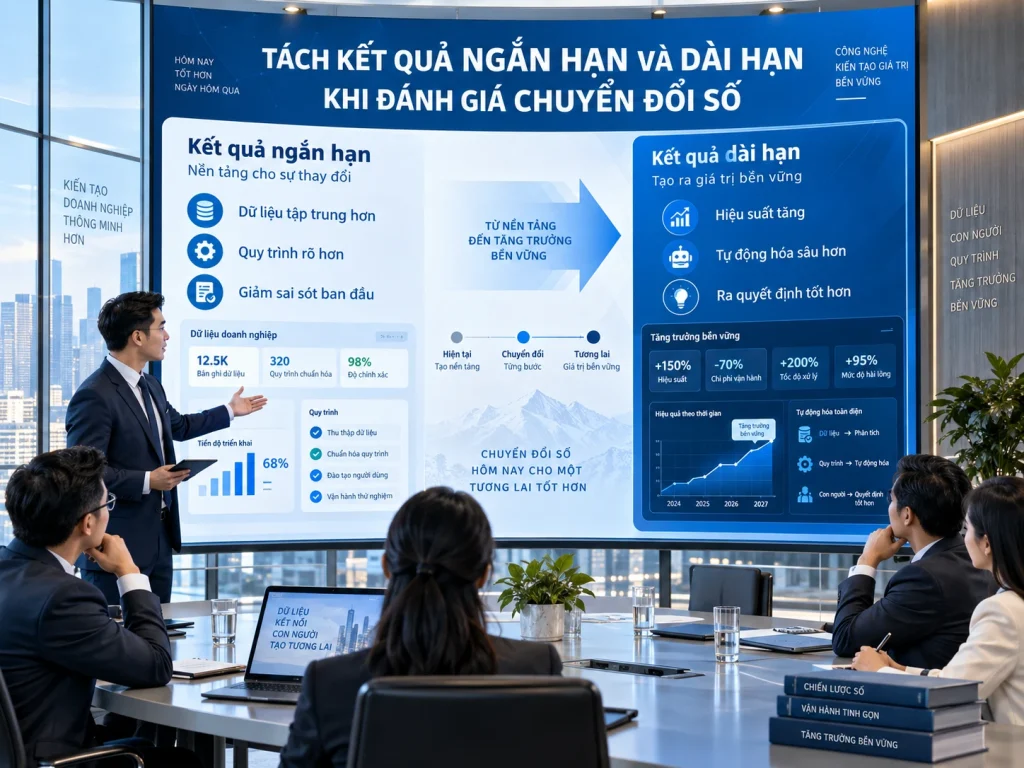 Doanh nghiệp cũng cần phân biệt kết quả ngắn hạn và dài hạn khi đánh giá một dự án chuyển đổi số.